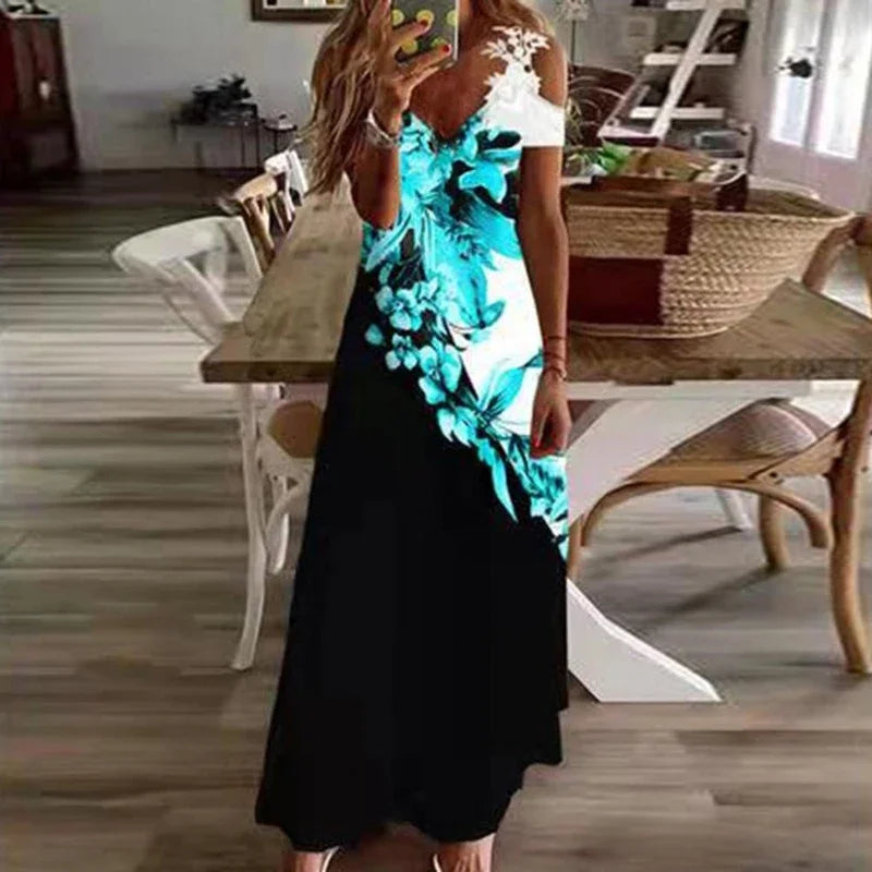 Women's Lace Maxi Dress - Sleeveless Suspender, Printed Summer