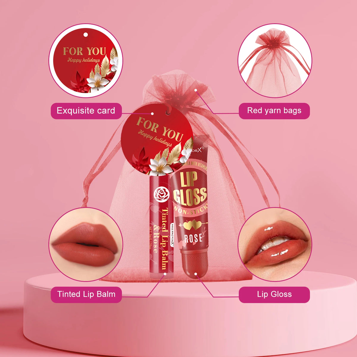 Unique Gift Set -24 Pieces/Box Lip Gloss Set Lipstick Set Red Card and Red Organza Bag Lip Moisturizing Gloss