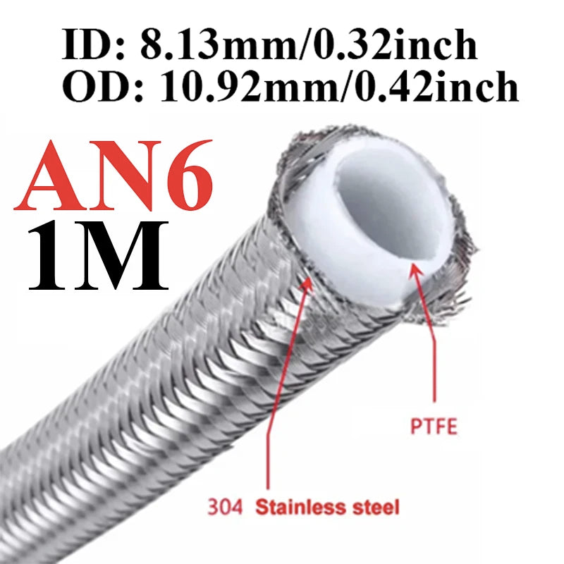 1M/2M/3M/5M AN3 AN4 AN6 AN8 AN10 Racing Hose 304 Stainless Steel Braided PTFE Brake Hose Fuel Oil Line Oil Cooler Hose Pipe