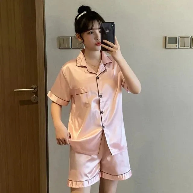 Women's & Men's Satin Pajama Set - Short Sleeve, Solid Colour