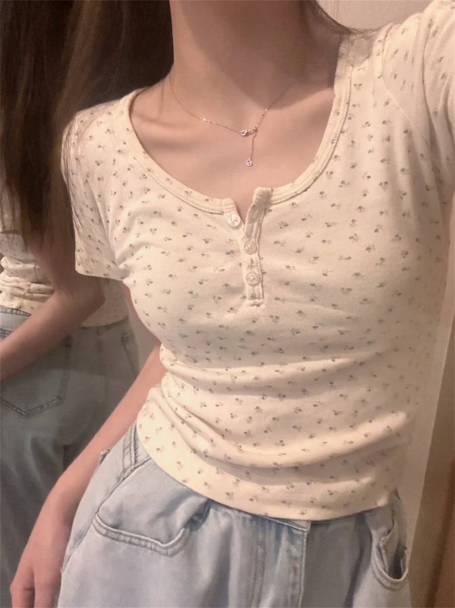 Y2k Short sleeve Sexy U Collar Floral Print Lace Slim T-shirt 2026 Summer Women Clothing Floral Slim Shirt Button T-shirt Top