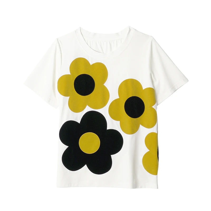 Leisure imakokoni 2025 Summer Cotton Knitted Heavy duty Patchwork Loose Round Neck T-shirt 255103