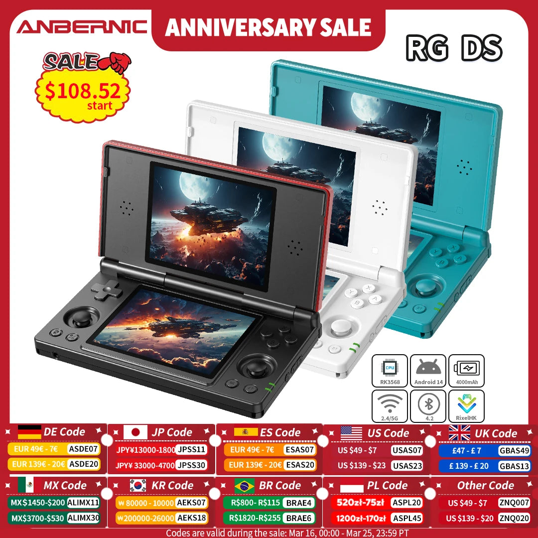 ANBERNIC RG DS Handheld Game Console RK3568 64-bit 4" IPS Multi-touch Screen Android 4000mAh Dual-screen Flip Video Games Player