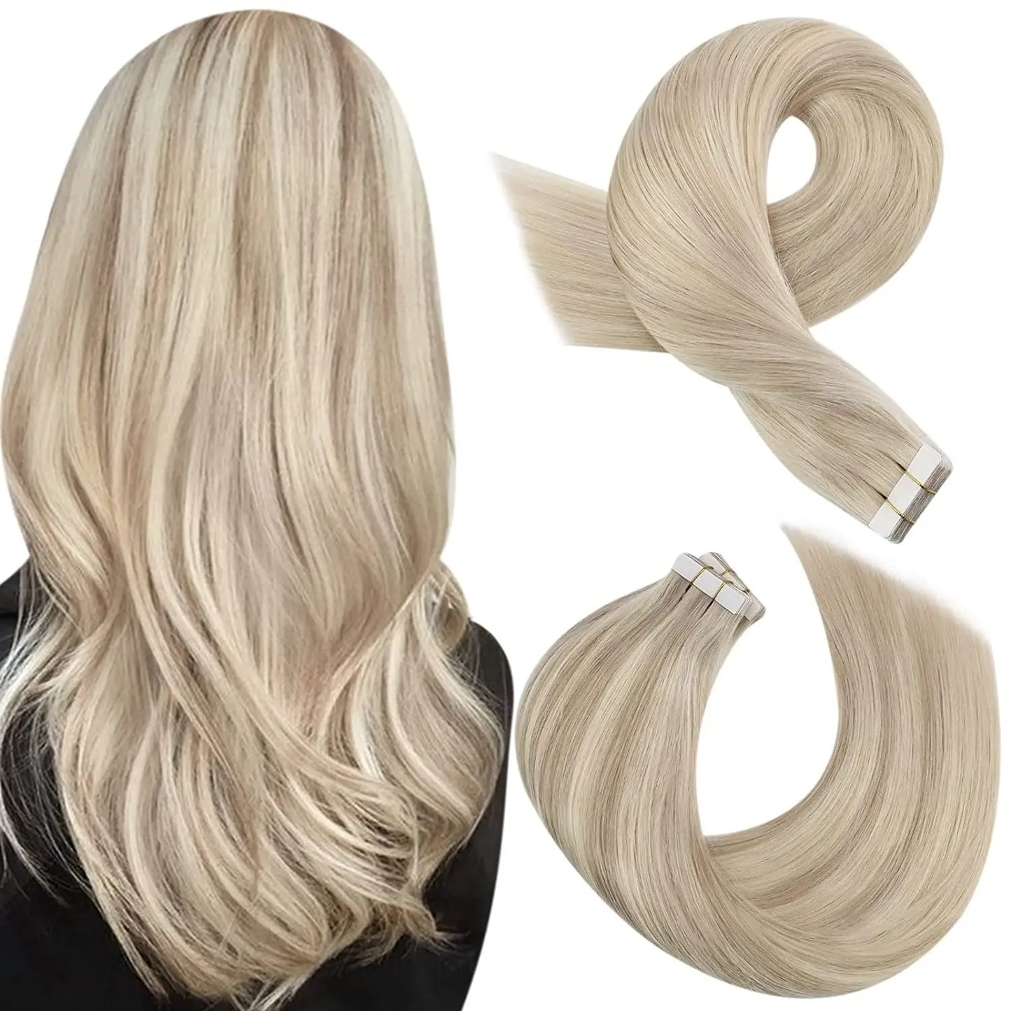 Moresoo Tape in Human Hair Extensions Balayage Blonde Hair Remy Hair Natural Soft Skin Weft Straight Seamless Hair Tape in Hair