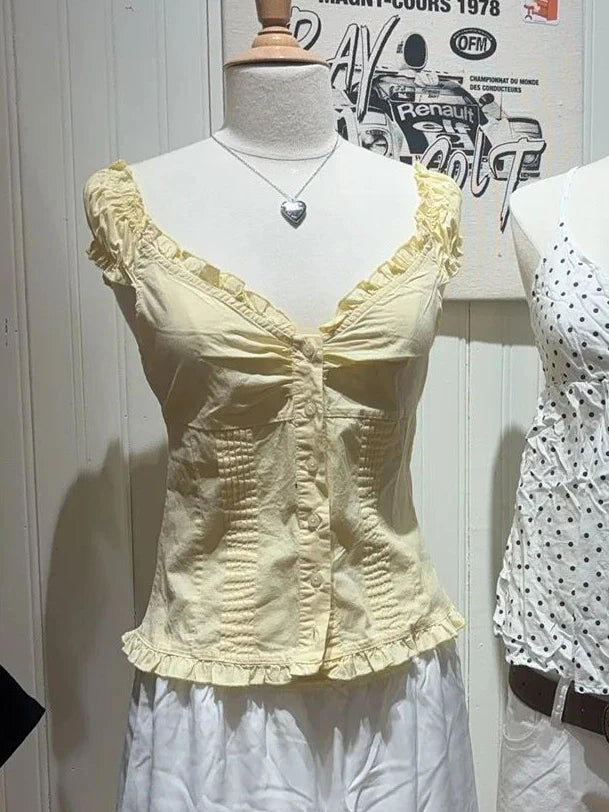 Ruffles White Basic Blouse Top for Woman Summer Folds Single Breasted Sleeveless Tank Tops Casual Cotton Vest Y2k Sweet Camisole