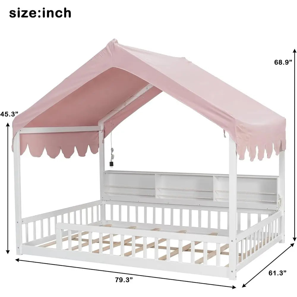 Full Size Wooden Loft Bed for Kids with Stairs, Storage Shelves, Curtain, and LED Lights, White & Pink