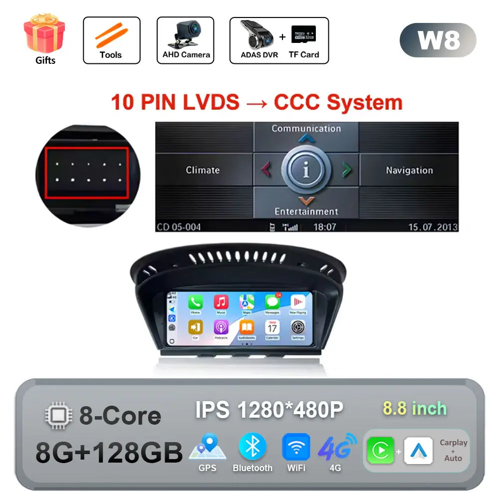 Car Stereo with Apple CarPlay & Android Auto, Compatible with BMW 3 & 5 Series E60 E90 (CCC/CIC)