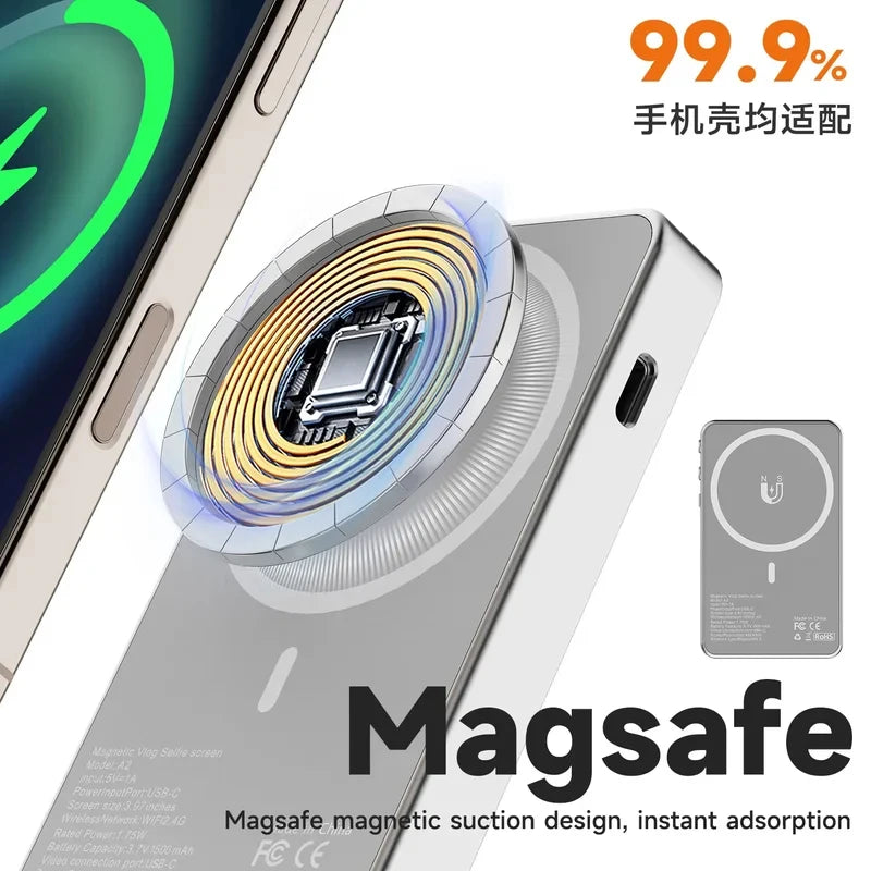 Vlog Selfie Monitor Screen for iPhone & Android, Magnetic Wireless Rear Camera Phone Monitor with 164FT Range for YouTube