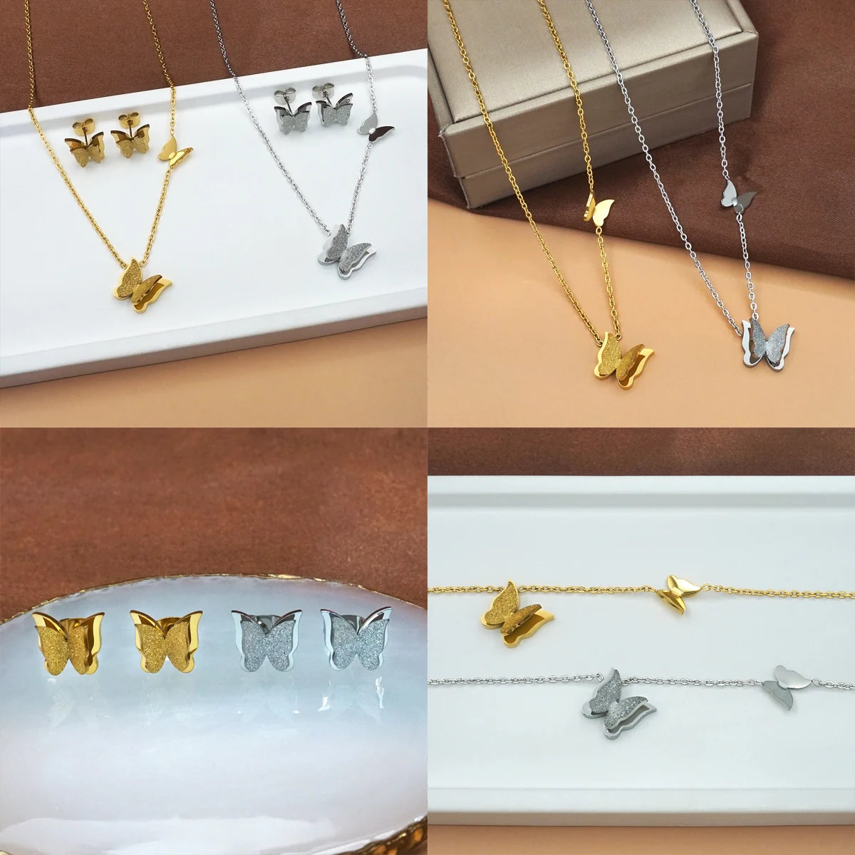 Valentine's Day Gifts for Women, Sandblasted Butterfly Necklace Bracelet Earrings Set, Party Halloween Back to School Dainty Fas