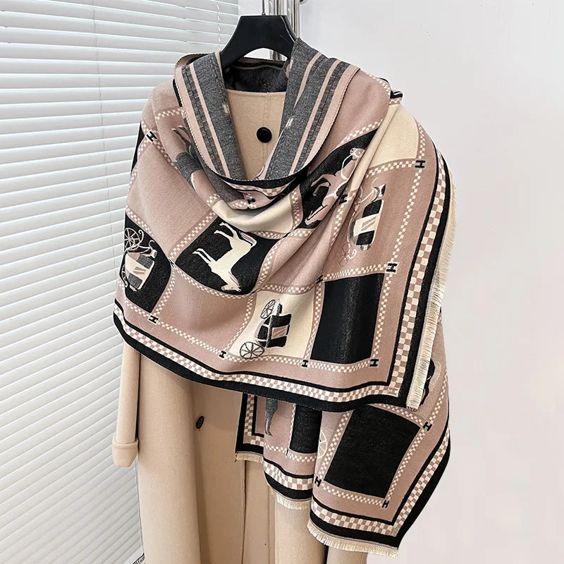 Women's Horse Print Poncho Shawl Wrap, Thick Winter Scarf