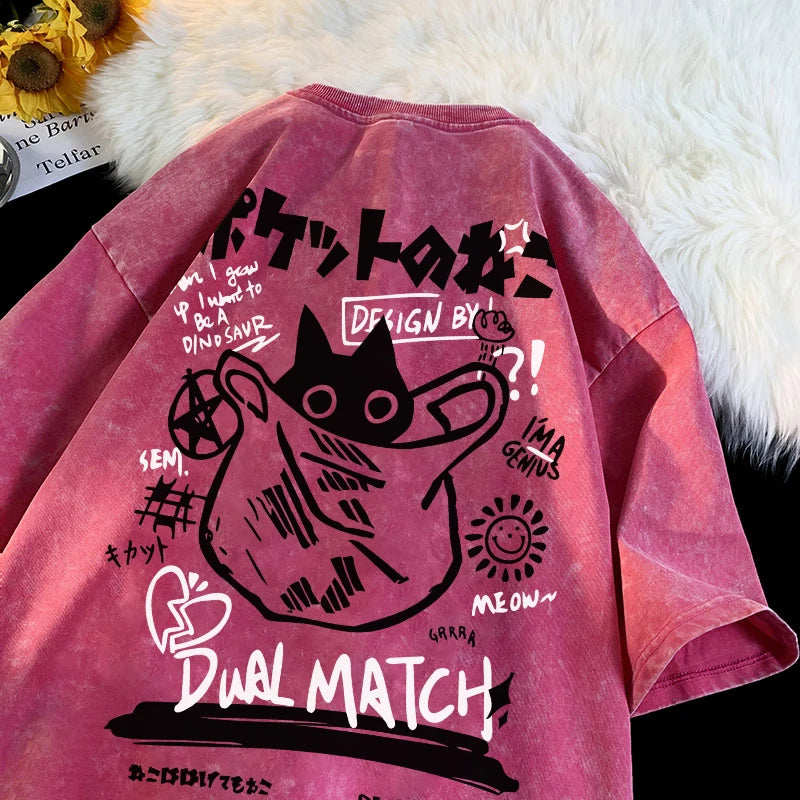 Women Cartoon T-Shirts Vintage Summer Harajuku Kawaii Cat Printed Short Sleeve Tees Couple Streetwear Loose Clothes Cotton Tops