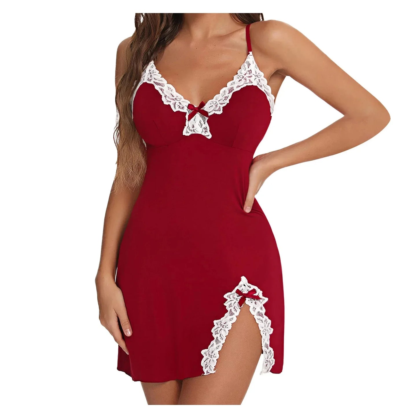 Women's Lace Silk Satin V-Neck Nightgown – Sleeveless Split Hem Soft Lingerie Night Dress | S–5XL (5 Colors)