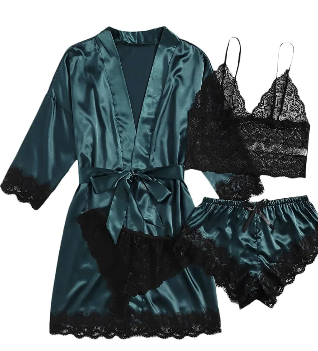 Women's 4-Piece Lace Camisole Pajama Set – Sexy Lingerie Nightgown, Shorts, Robe & Leisurewear | S–XXL (7 Colors)