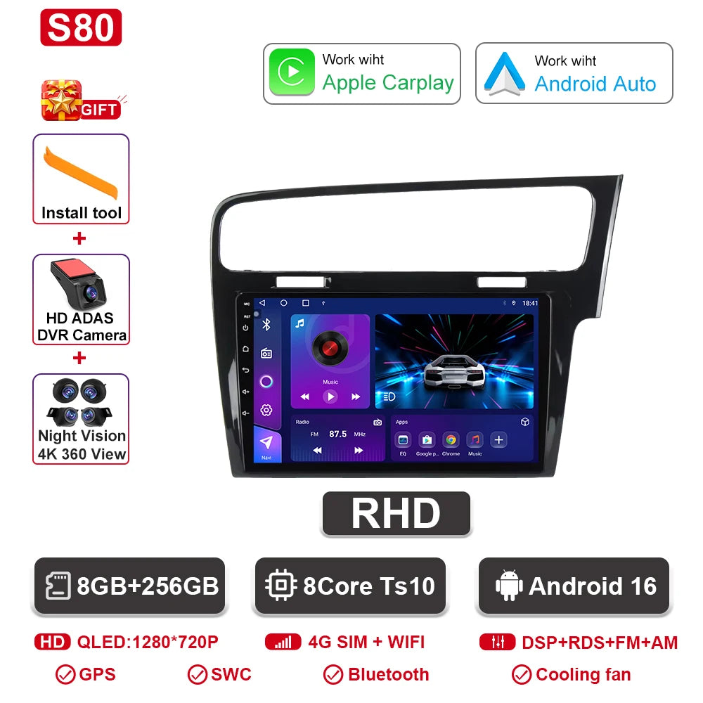 Android Car Stereo for VW Golf 7 MK7 GTI (2012–2021, RHD) — CarPlay, Android Auto, GPS, 2-DIN