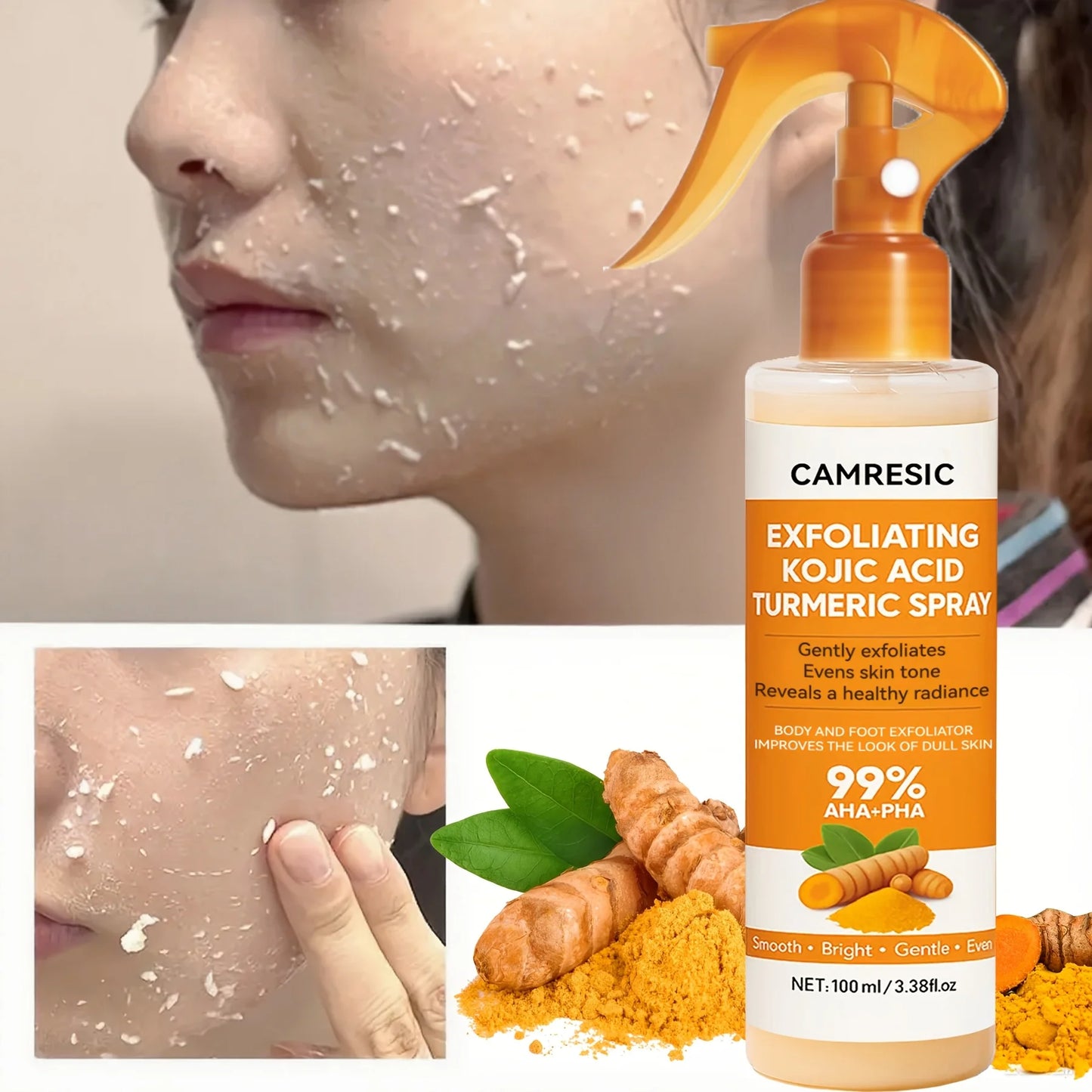 Kojic Acid Turmeric Exfoliating Spray Physical Exfoliation Delicate Smooth Skin, Even Tone Body Face