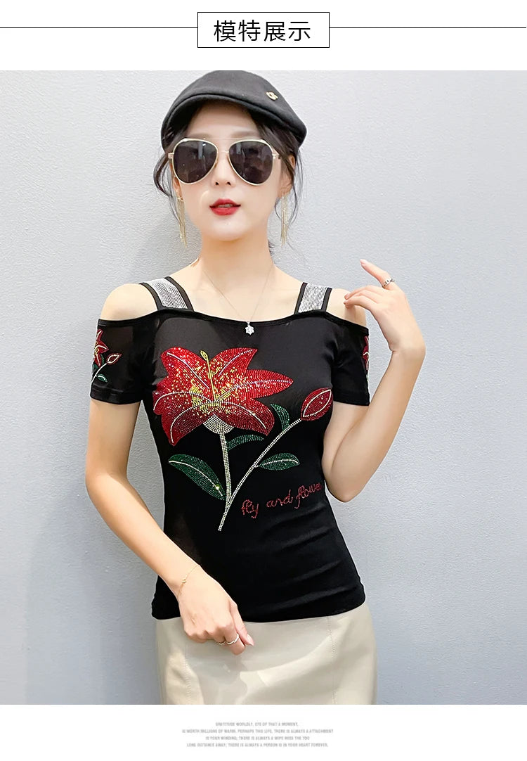 Women's Off-Shoulder Rhinestone Mesh Top