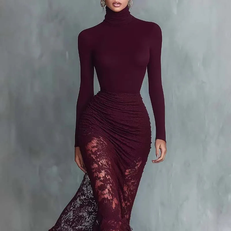 New Women's Turtleneck Long Sleeve Slim Lace Patchwork Dress Ruched Mermaid Elegant Long Sleeve Evening Gown Maxi Dresses Female