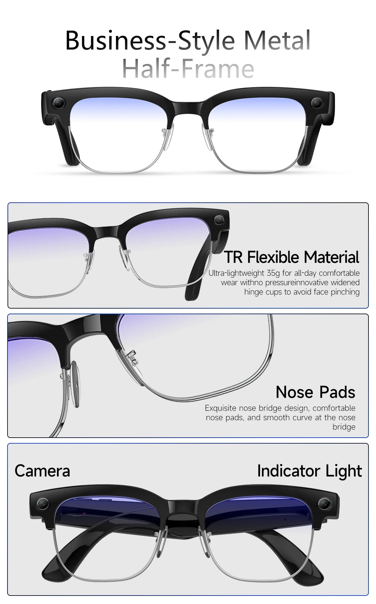 GUHUAVMI W630 AI Smart Glasses – 800MP Dual Camera, 4K Video, BT 5.3, AI ChatGPT, Voice Translation & Blue Light Blocking