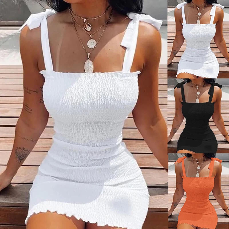 Women's Off-Shoulder Strap Mini Dress — White Summer Beach Dress