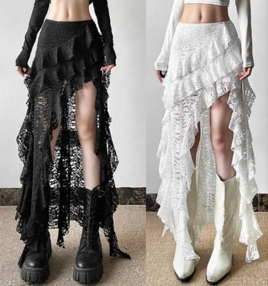 Tassels Women Skirts Irregular Hem Multi-Layered Ruffles Lace Ruffles Patchwork Sweet Skirts Sexy High Waist Y2k Party Clubwear