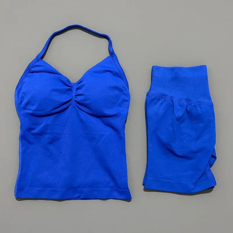 Yoga 2 Pieces Gym Set Women Backless Halter Tops High Waist Seamless Shorts Gym Suit Fitness Sports Bras Sportswear Workout Sets