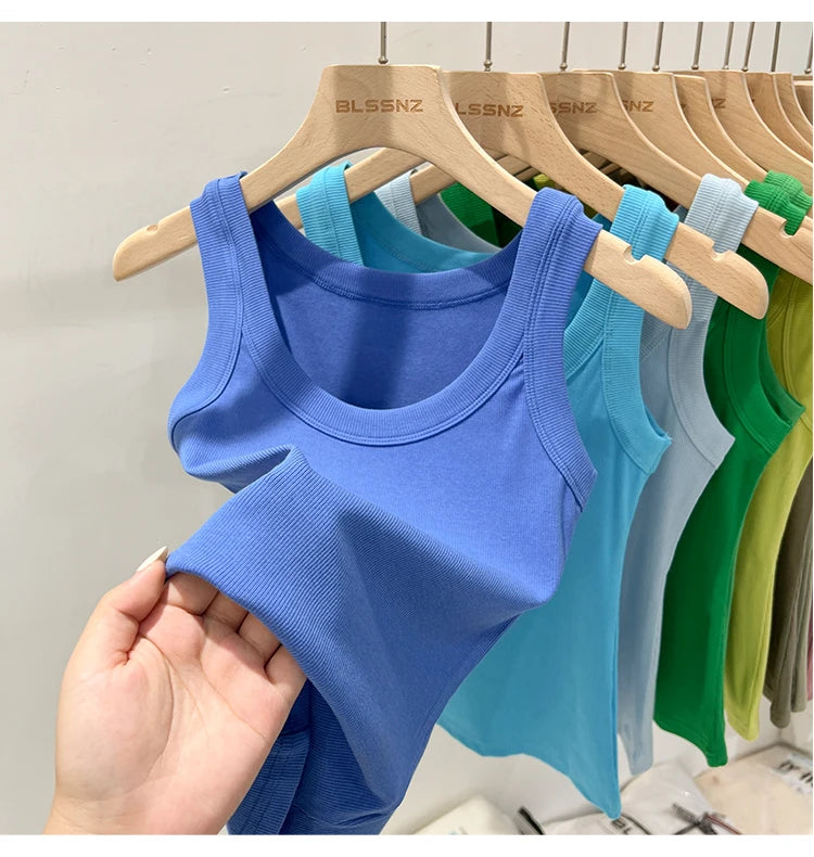 AOSSVIAO Women Solid Round Neck Ribbed Tank Top Camisole Women 2026 Summer Basic Elastic Tank Top O Neck Solid Tank Top