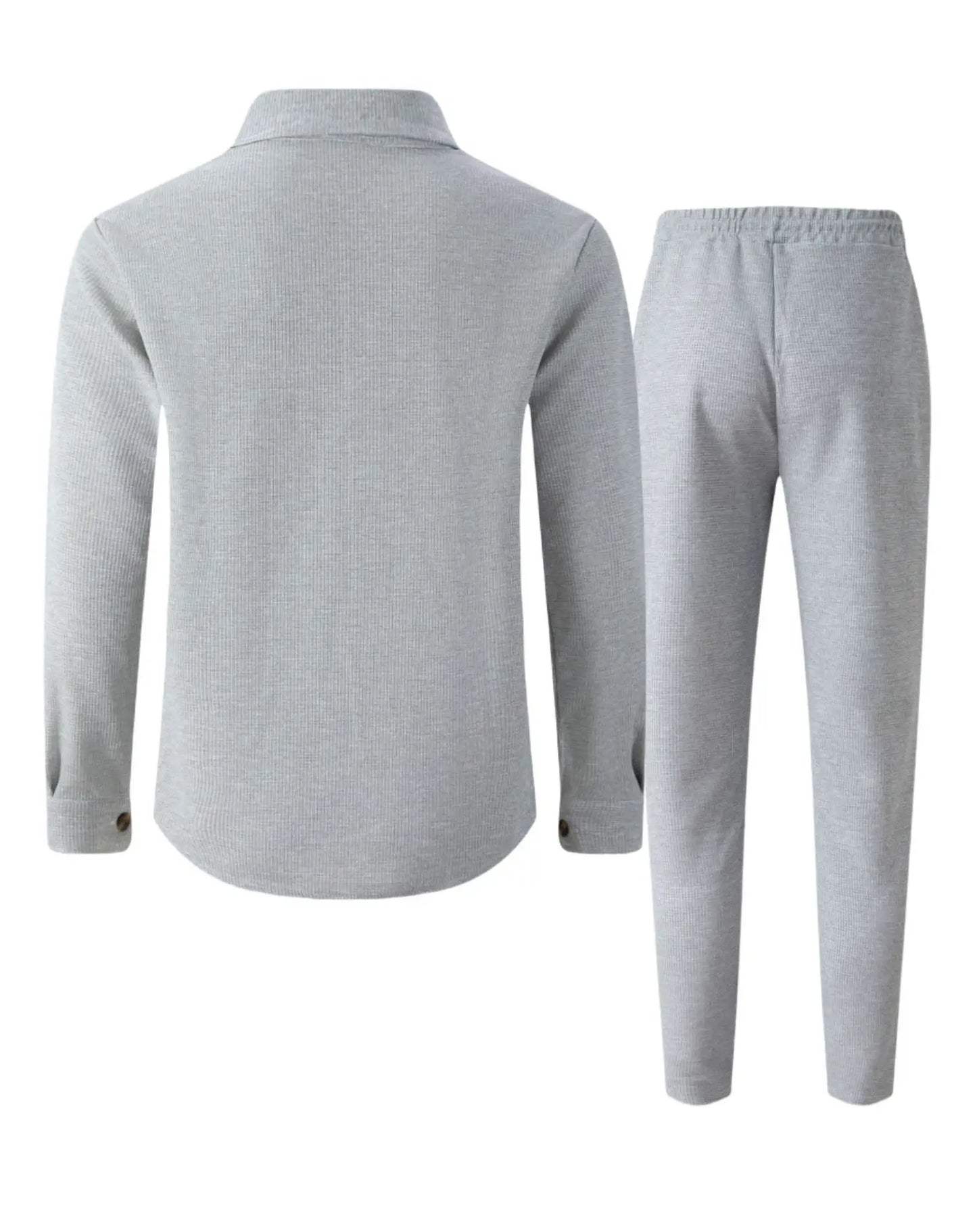 Men's casual two-piece waffle texture suit (including button-down top and elastic waist pants) - fashionable street casual sport