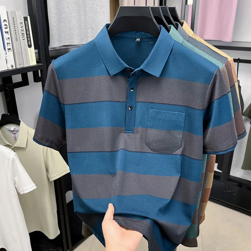 Men's Striped Mesh Polo - Lapel Three-Button, Anti-Wrinkle Knit