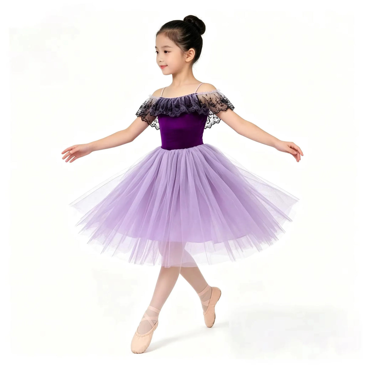 Girls black lace off-shoulder ballet tutu dress