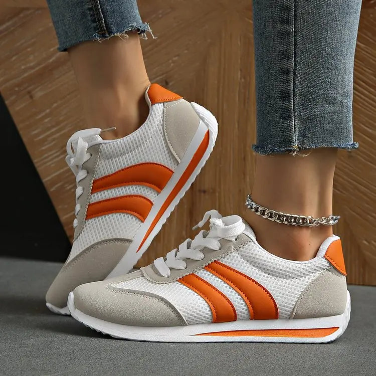 Striped Platform Sneakers for Women — Vulcanized Lace-Up Casual Running Shoes