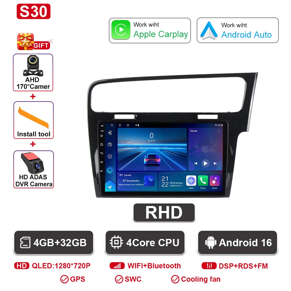 Android Car Stereo for VW Golf 7 MK7 GTI (2012–2021, RHD) — CarPlay, Android Auto, GPS, 2-DIN
