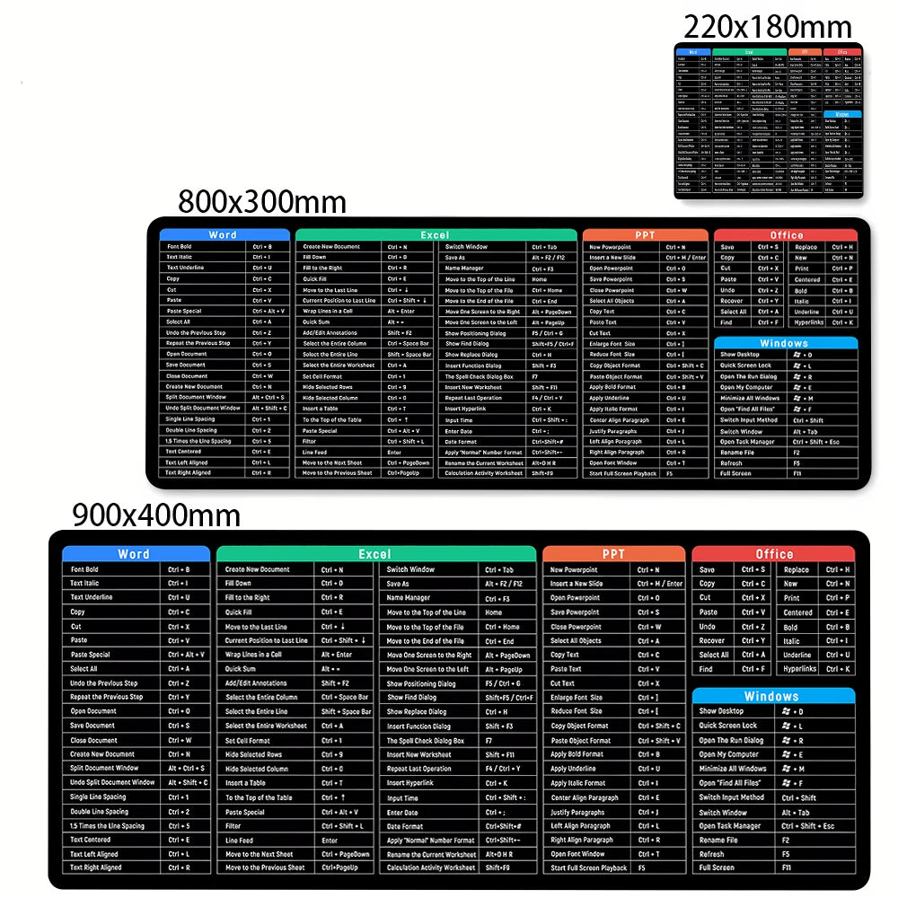 Windows and Excel keyboard shortcuts mouse pad, 900X400 large Table mausepad with seamed anti-slip base Office computer desk mat