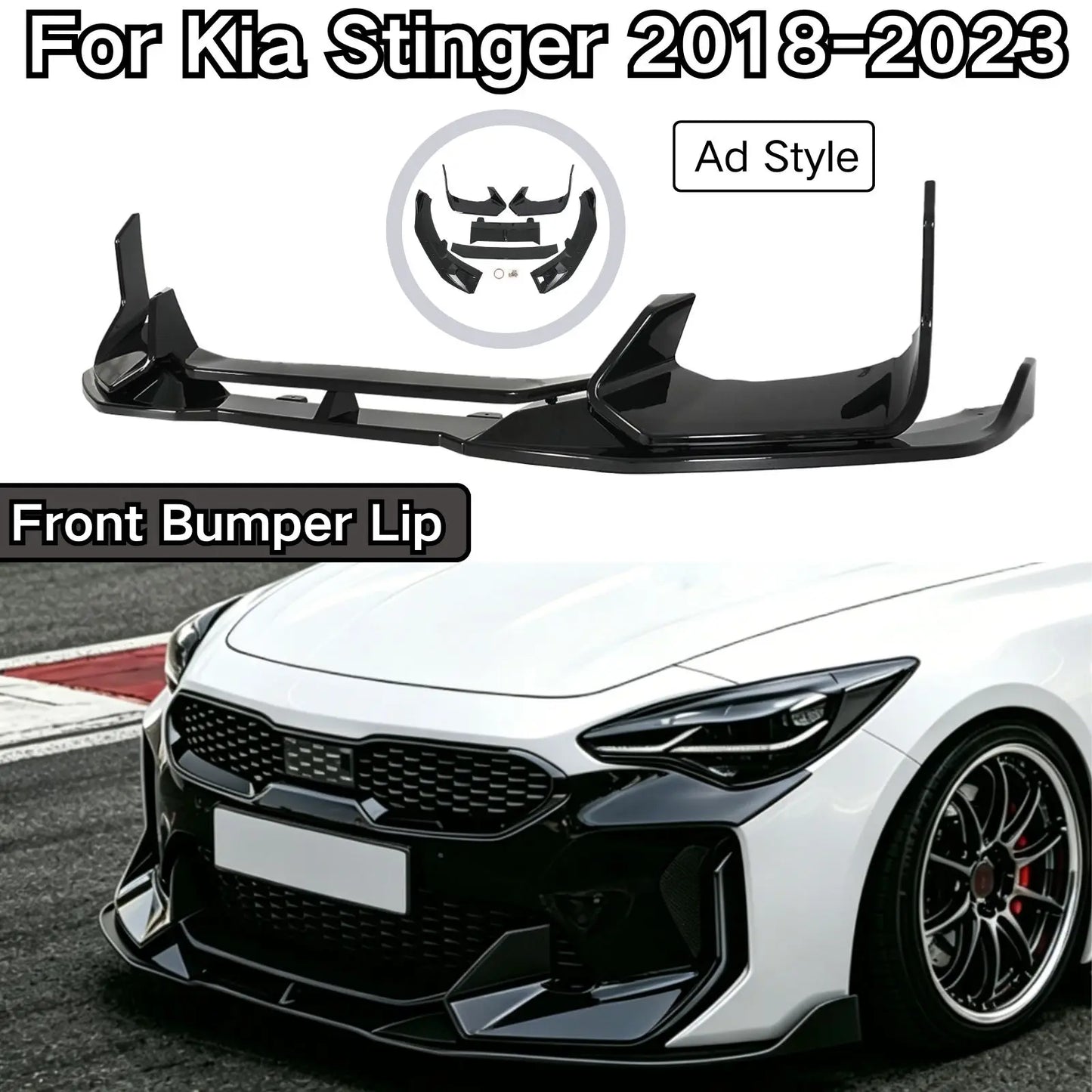 For Kia Stinger 2018-2023 Front Bumper Lip Ad Style Glossy Black Carbon Fiber Painted Car Accessories Body Kit Spolier