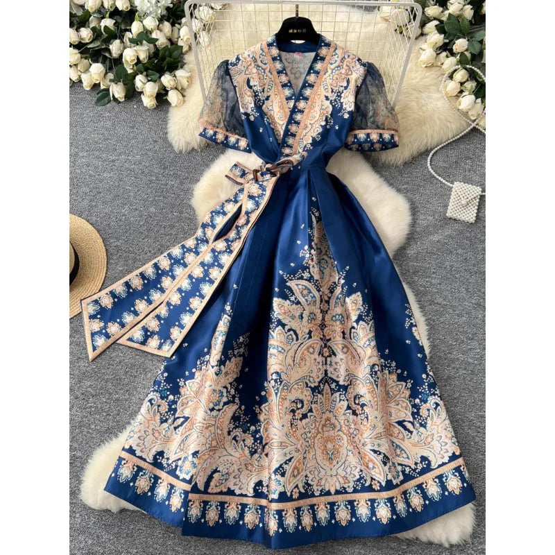 Vintage Dresses French Retro Style Printed Dress Women's Summer Tie High Street Design Chic Long Fashion Vestidos