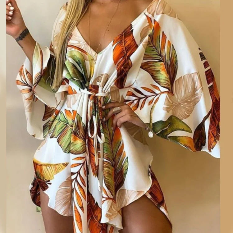 Women's Floral Print Bohemian Beach Sundress – V-Neck Bat Sleeve Ruffle Loose Summer Mini Dress