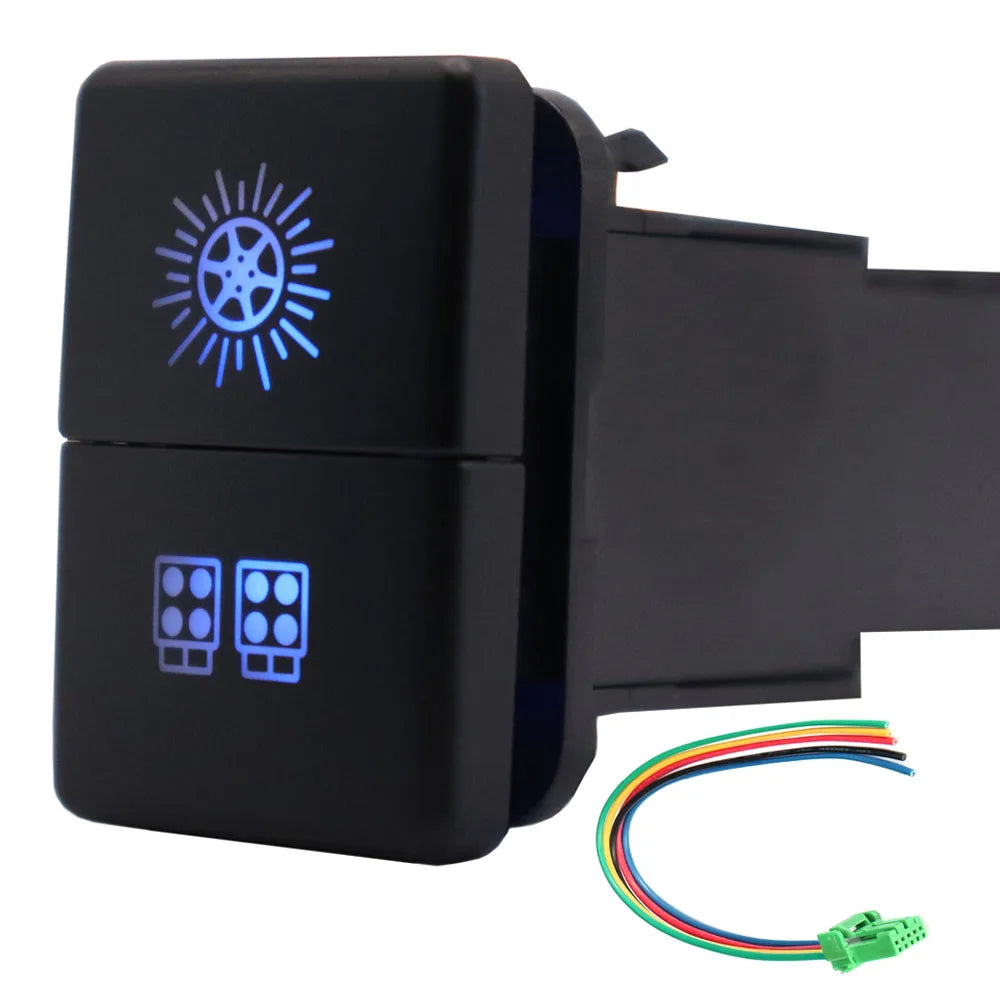 12V Dual Push Button Switch ON-Off Blue/Green Backlit 32.5mm X 22mm for Toyota 4Runner Hilux Prado RAV4, with Connector Wire
