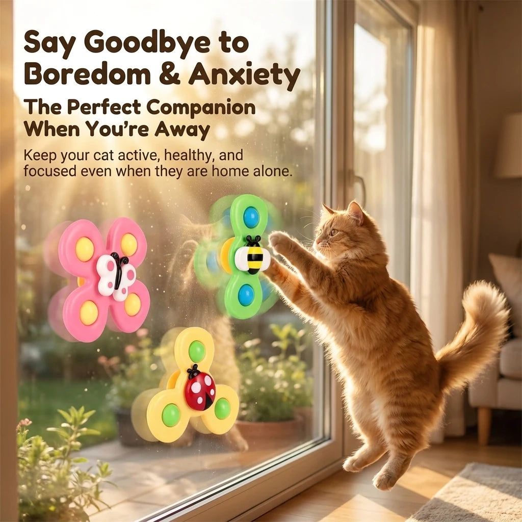 Suction Cup Cat Toy Set - Spinning Windmill & Insect Teasers
