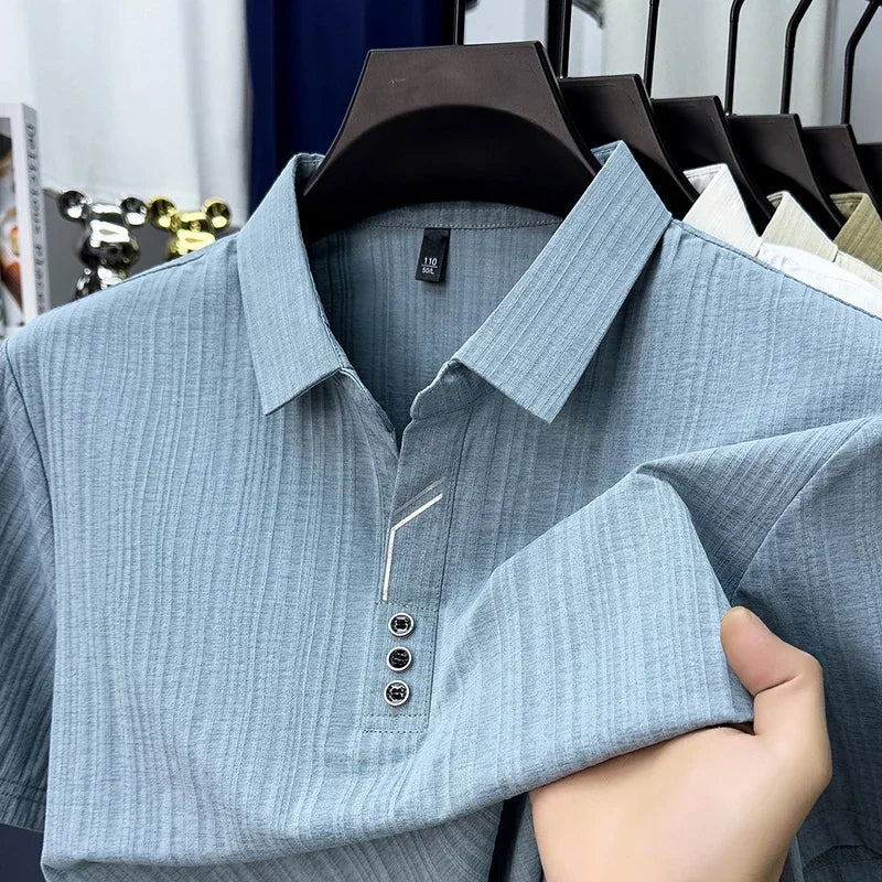 Men's Vertical-Texture Polo - Lightweight Soft, Three-Button Lapel