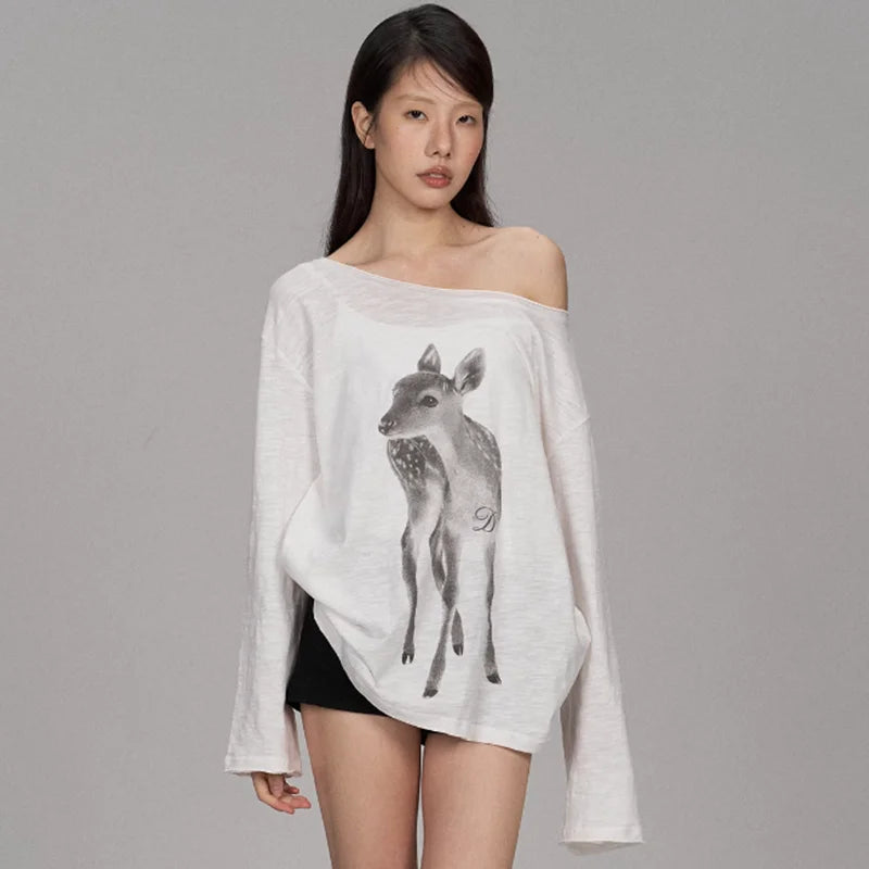 Kimotimo Summer Print Off Shoulder Long Sleeve T-shirt Women 2026 New Casual Transparent Loose Lazy Top Kpop Fashion Y2k Tees