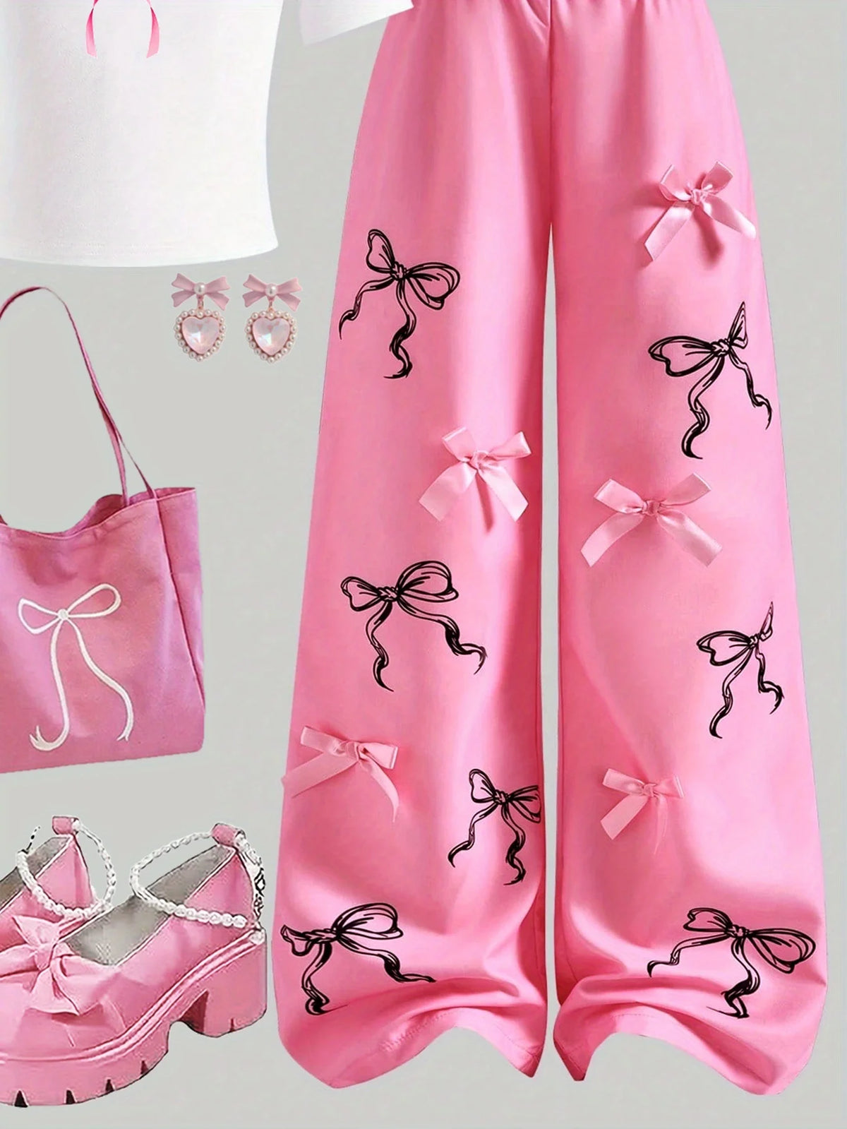 Girls' Casual Long Pants Set, Youth Girls' Letter-Print Short-Sleeve T-Shirt and Hot Pink Bow Wide-Leg Pants Casual Two-Piece Set Suitable for Children Aged 5-13, Suitable for Various Occasions