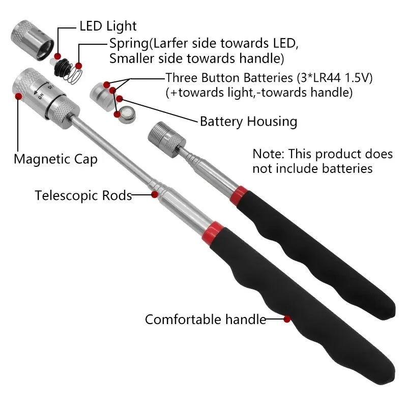 Telescopic Magnetic Pen with LED Light Extendable Pickup Rod Mini Portable Magnet Tool for Screws Nuts Bolts Metal Parts