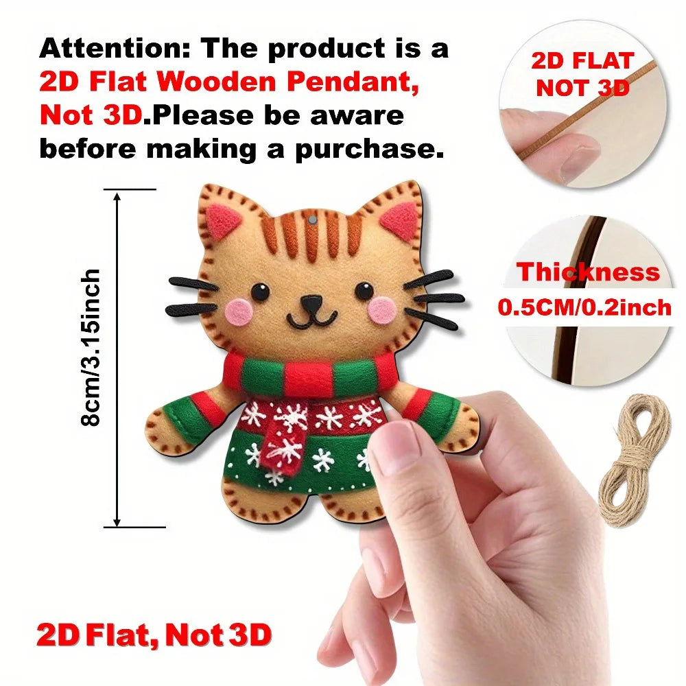 2D Flat Gingerbread Cat Tree Toppers Artificial Wood Christmas Ornaments with Hanging Loop Xmas Tree Holiday Home Decor Supplies
