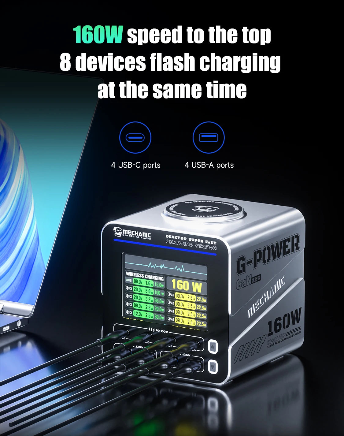 MECHANIC G-POWER Series 115W/160W Desktop Super Fast Charging Station Type-C USB Port 15W PD QC3.0 GaN Wireless Charging Support