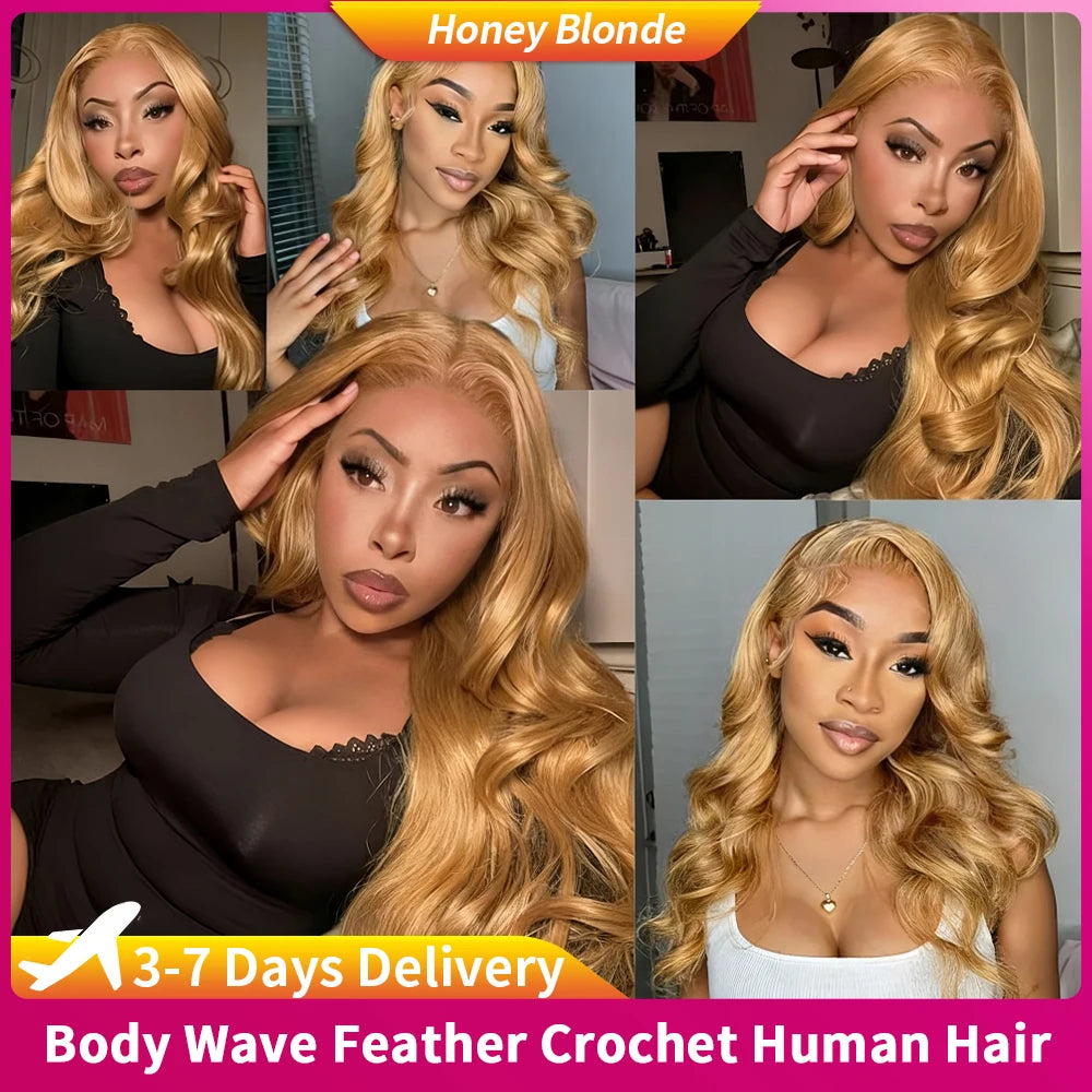 Reusable Knotless #27 Honey Blonde Highlight Crochet Bulk Human Hair For Boho Braids Body Wave Bundles Human Hair With Closure