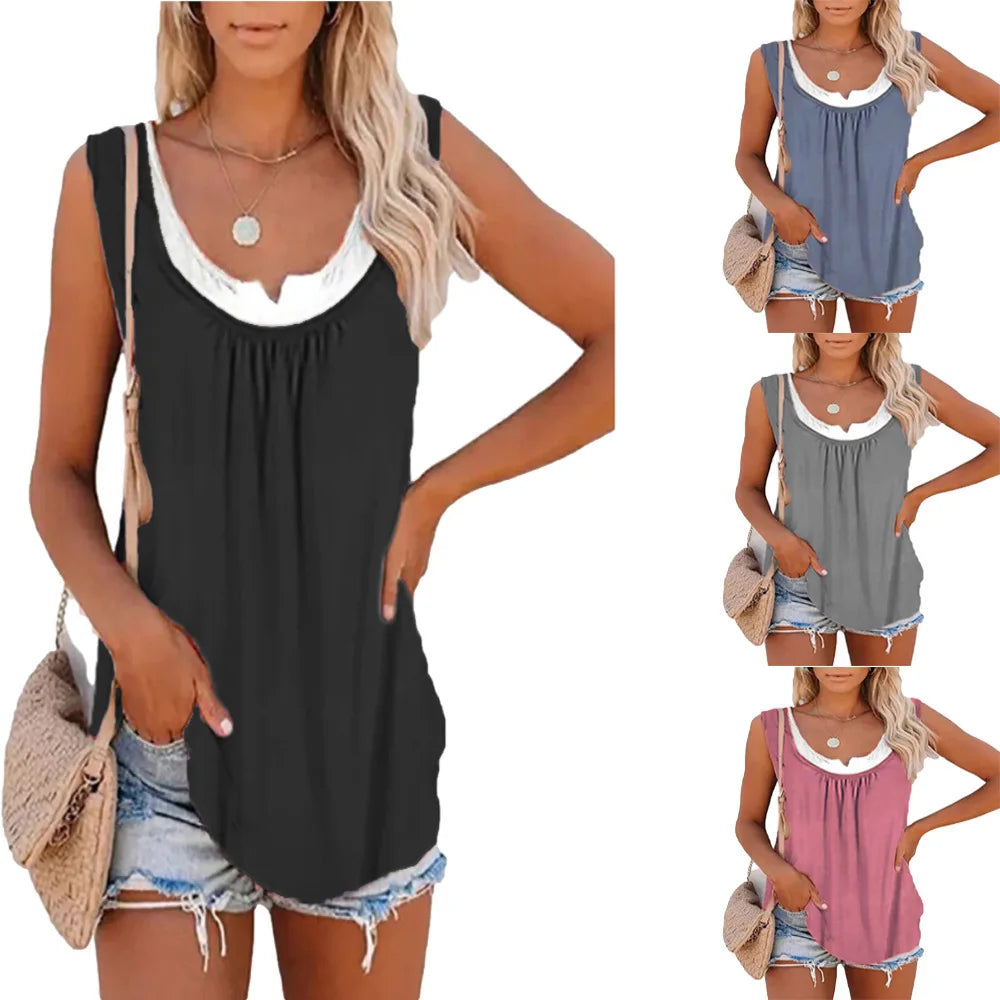 Summer ladies new casual loose solid color patchwork sleeveless blouse knitted vest women