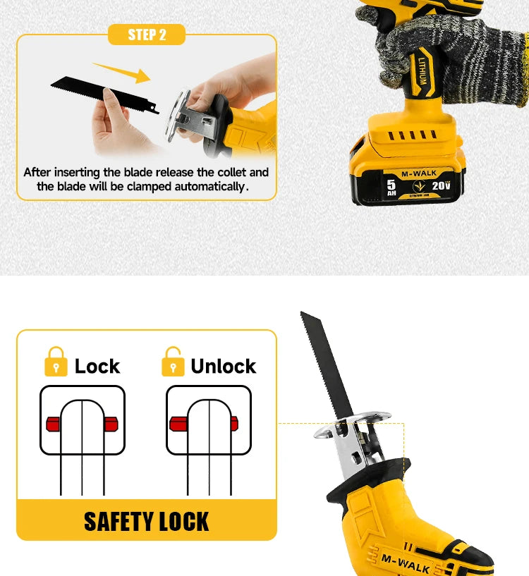 M-WALK 3000RPM Cordless Electric Reciprocating Saw Chainsaw Saber Saw Wood Metal Cutting Power Tool For Dewalt 20V Battery Pin