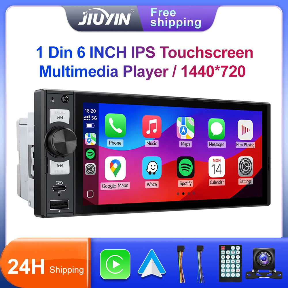 6" 1 DIN Universal Car Stereo with Apple CarPlay & Android Auto (MP5)