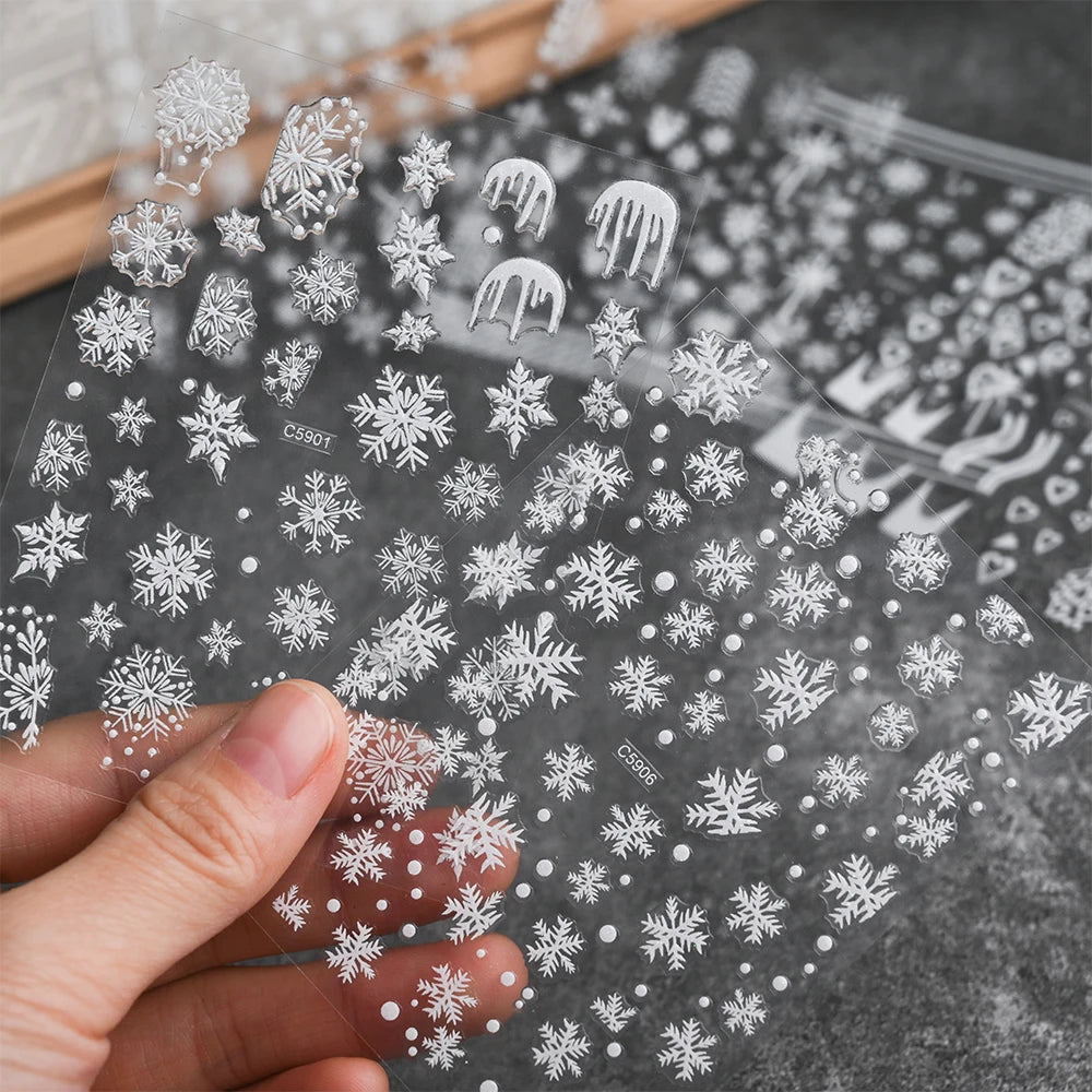6Pcs White Snowflake Nail Stickers Self-Adhesive Christmas Nail Art Decals Snowflakes Elk Design Winter Xmas Manicure Decoration