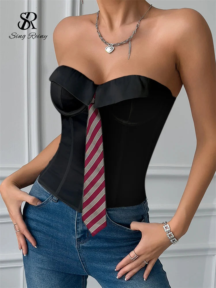 SINGREINY Women Sensual Strapless Slim Tank Tops Female Striped Tie Short Tank Tops Fashion Summer Lace Up Streetwear Tank Tops