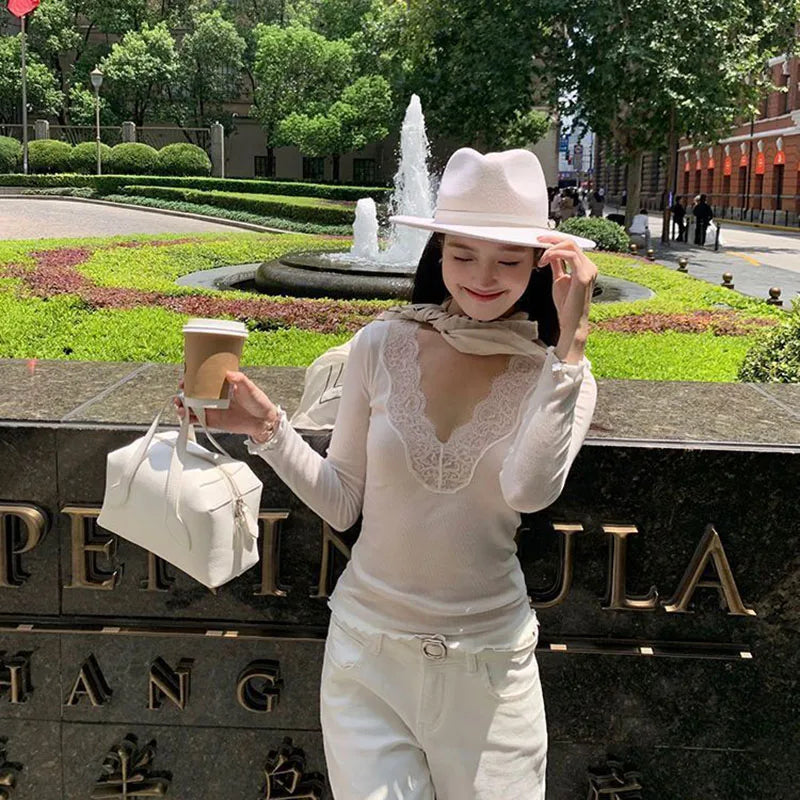 Sexy Low-Cut Lace Trim V-Neck T Shirts Women Spring New Skinny Elasticity Thin Ribbed Tees Korean Fashion Y2K Long Sleeve Tops